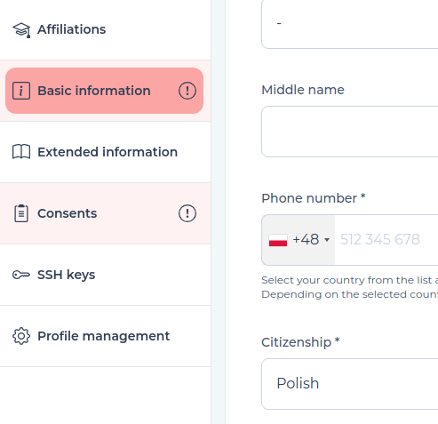 User profile's context menu and part of the editing user's information form in the PLGrid Portal.