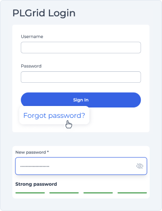 The graphic shows two screenshots from the PLGrid Portal. The first one shows the new login panel to the PLGrid Portal system. Below is a screenshot of the password editing form along with its strength indicator.