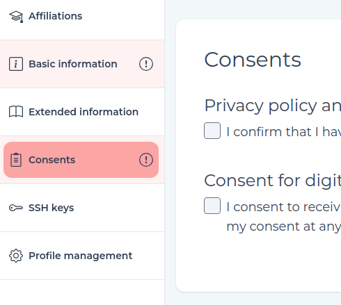 User profile's context menu and part of the 'Consents' section in the PLGrid Portal.