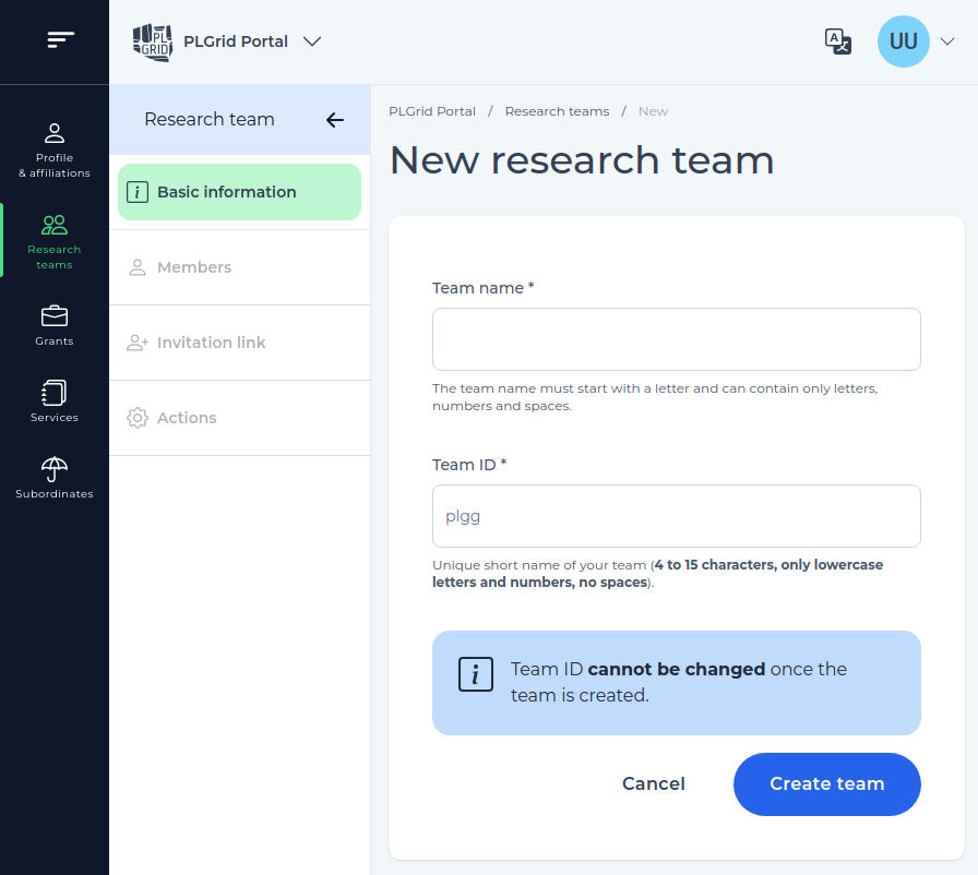 Screenshot from PLGrid Portal - tab for creating a new team.