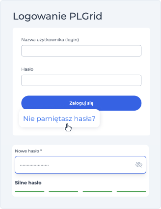 Grafika przedstawia dwa zrzuty z Portalu PLGrid. Na pierwszym można zobaczyć nowy panel logowania do systemu Portal PLGrid. Poniżej znajduje się zrzut z formularza do edycji hasła razem z indykatorem jego siły.