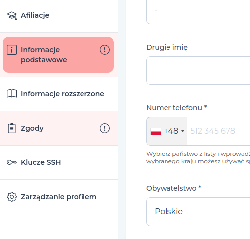 Menu kontekstowe profilu użytkownika i część formularza edycji informacji o użytkowniku w Portalu PLGrid.