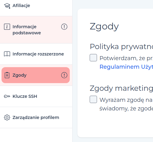 Menu kontekstowe profilu użytkownika i część sekcji 'Zgody' w Portalu PLGrid.