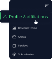 Screenshot of navigation in PLGrid Portal with highlighted 'Profile & affiliations' tab.