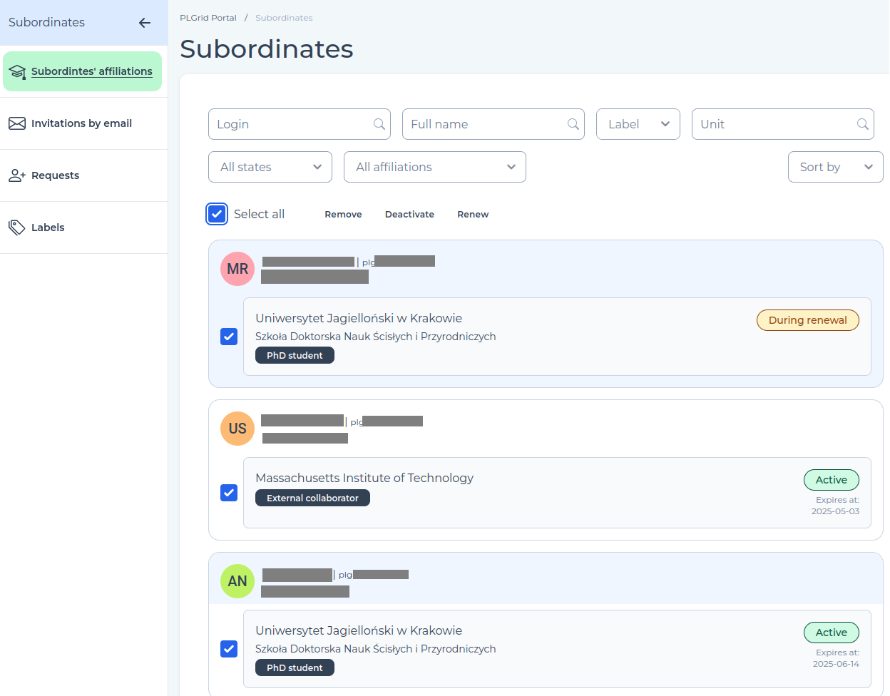 Bulk actions on the subordinates list