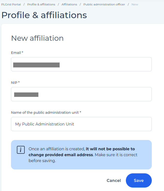 Registering new public administration affiliation