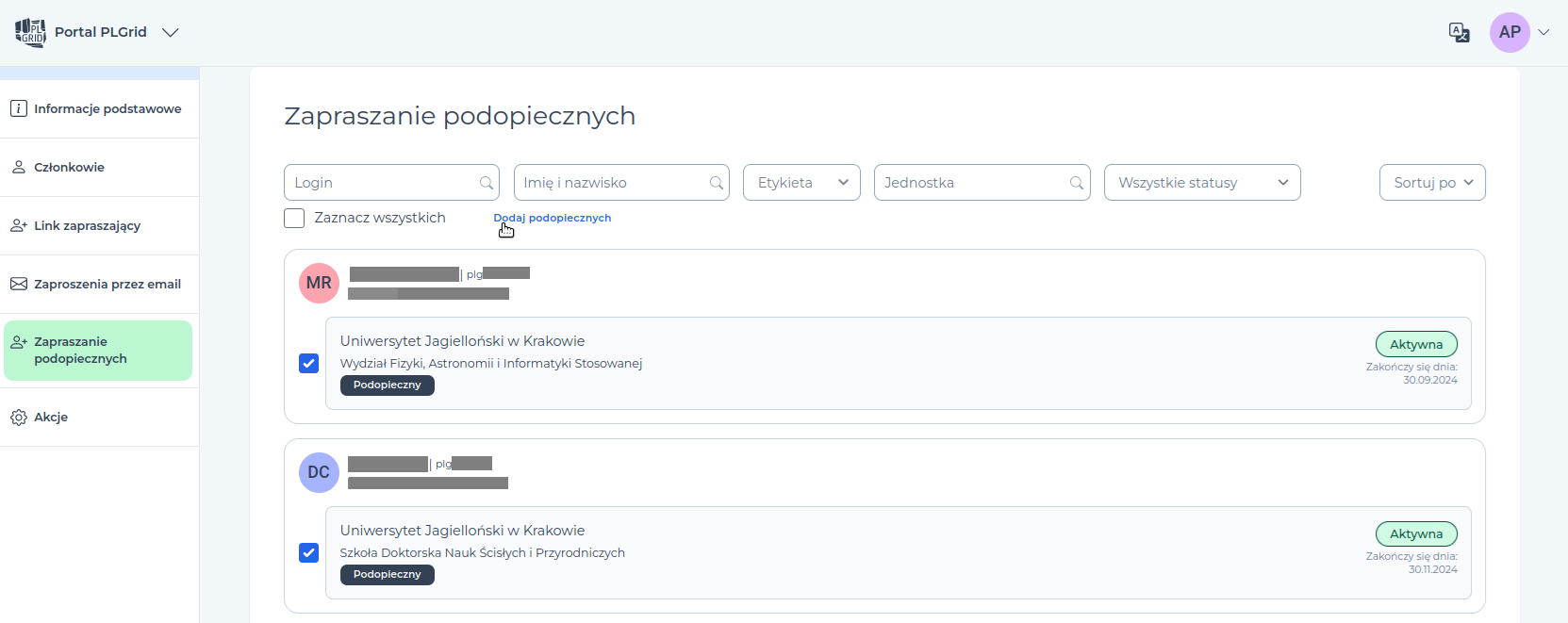 Zapraszanie podopiecznych